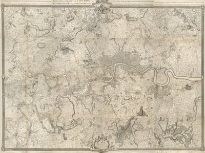 XVIII-wieczna mapa Londynu. Dokładne badanie miasta Londynu, Westminster ye Borough of Southwark i kraju w pobliżu dziesięciu mil rozpoczęło się w 1741 i zakończyło w 1745 / przez geodetę Johna Rocque