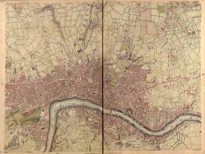 "An exact survey of cities of London and Westminster, the borough of Southwark, with the country near ten miles round", ok. 1746 r. (rycina) autorstwa John Rocque