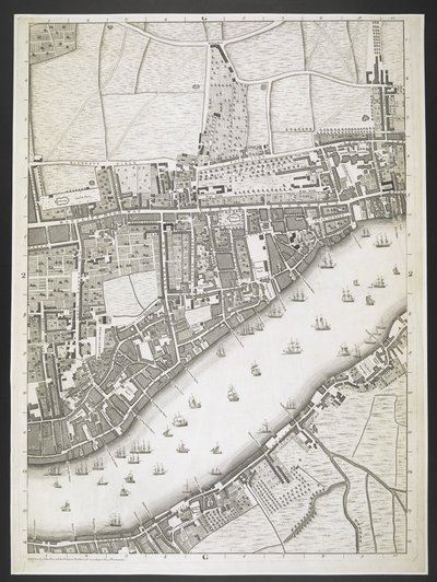 Plan Londynu, autostrada Ratcliff, droga Upper Shadwell,  Plan miast Londynu i Westminsteru oraz dzielnicy Southwark; : z sąsiednimi budynkami; Z rzeczywistej ankiety / wykonanej przez JOHN ROCQUE, Land-Surveyor i Grawerowane przez Johna Pine