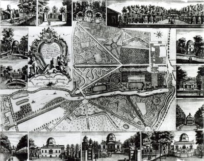 Plan ogrodu i widok na domy w Chiswick nad Tamizą autorstwa John Rocque