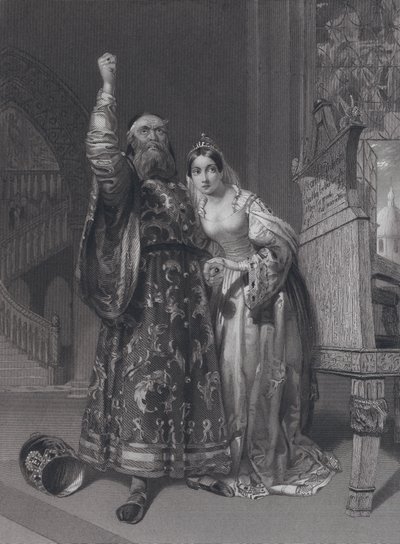 Marino Faliero, Doge of Venice, grożący zemstą za zniesławienie swojej żony, Aluycia Gradenigo (rycina) autorstwa John Rogers (after) Herbert