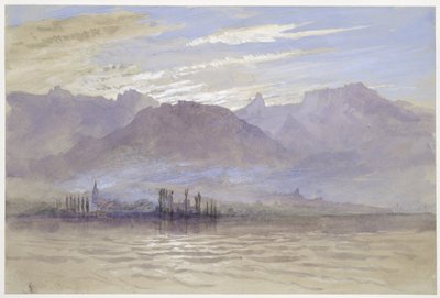 Poranek na wiosnę, z północno-wschodnim wiatrem, w Vevey, maj - czerwiec 1849 lub 1 maja 1869 (akwarela i body na graficie na jasnoszarym papierze tkanym) autorstwa John Ruskin