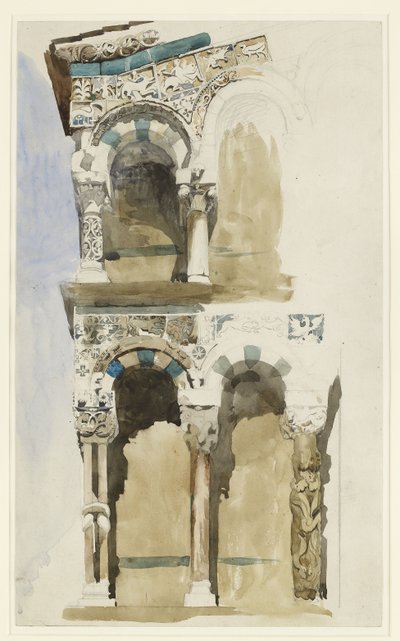 Fragment fasady zniszczonego kościoła San Michele in Foro, Lukka, naszkicowany kolorem, 30 czerwca - 1 lipca 1846 (akwarela na graficie na papierze tkanym) autorstwa John Ruskin