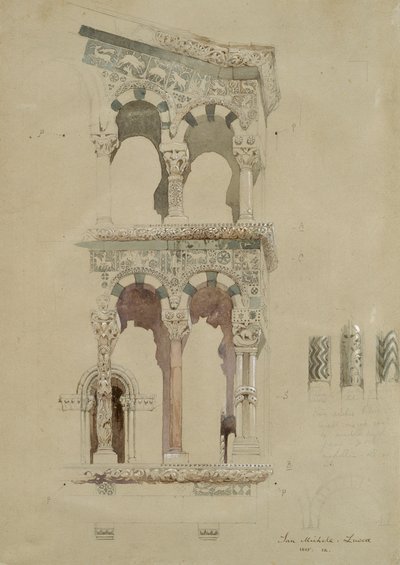 Część fasady zniszczonego kościoła San Michele in Foro, Lucca, jak pojawiła się w 1845 r., Ma autorstwa John Ruskin