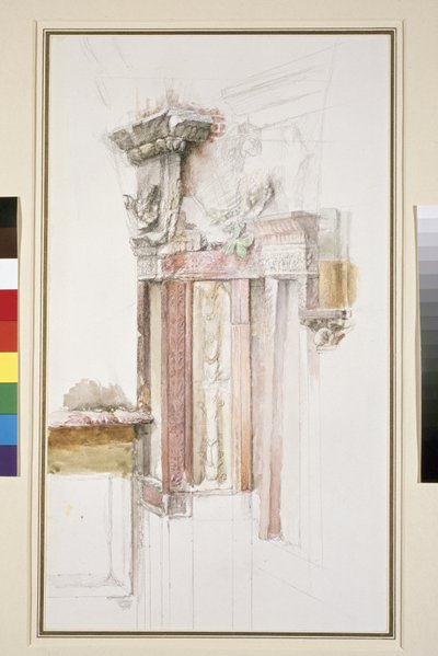 Pilaster na fasadzie Sant Anastasia, Werona, czerwiec 1869 (toaleta i kolor nadwozia na papierze grafitowym, niektóre linie były liniowane) autorstwa John Ruskin