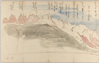 Pasmo Mont Blanc widziane z okolic Chamonix (strona przednia); szkice pasma Mont Blanc z wzgórza Tapia nad Chamonix, widziane z Genewy oraz z Dole (strona tylna) autorstwa John Ruskin