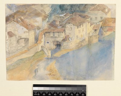 Widok Fryburga, Szwajcaria, ok. 1854 (ołówek, pióro i atrament oraz gwasz na papierze) autorstwa John Ruskin