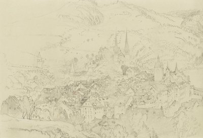 Widok Lucerny z góry, październik-grudzień 1861 (grafit z dotykiem pióra i atramentu na jasnoszarym papierze tkanym) autorstwa John Ruskin