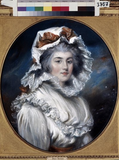 Portret młodej kobiety w czapce (Portret dziewczyny w czapce). Rysunek Johna Russella (1745-1806). Pastel na papierze, II poł. XVIII w. Sztuka angielska XVIII wieku. Muzeum Ermitażu w Sankt Petersburgu. autorstwa John Russel
