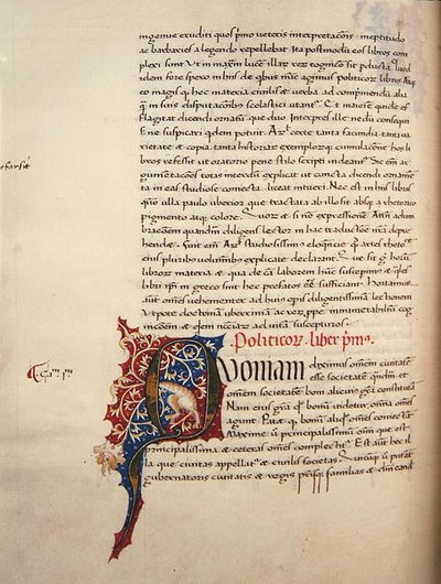 Ms.228, f.90v: Strona z „Etyki i polityki nikomachejskiej” Arystotelesa autorstwa John Russell