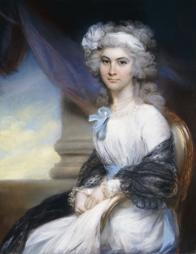 Portret panny Sophii Vansittart, długości 3/4, ubranej w białą sukienkę z białą wstążką na pudrowych włosach i czarnym szalem owiniętym wokół ramion, siedzącej obok klasycznej kolumny, autorstwa John Russell
