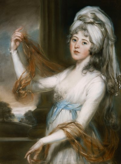 Portret Sary, żony Walkera Kinga, biskupa Rochester, długości trzech czwartych, w białej sukni z niebieską szarfą, autorstwa John Russell