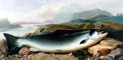 Martwa natura łososia na brzegu rzeki w górzystym krajobrazie autorstwa John Russell