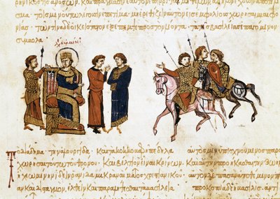 Koronacja cesarza bizantyjskiego Leona V Ormiana (775-820), miniatura z "Synopsis historyrum", ok. 1126-1150 autorstwa John Scylitzes