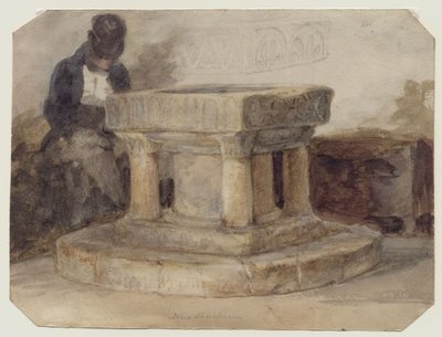 Font of New Shoreham Church, West Sussex, ze śpiącym artystą Williamem Scottem z Brighton autorstwa John Sell (style of) Cotman