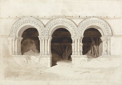Łuki w zachodniej części klasztoru St. Georges de Boscherville, niedaleko Rouen, Normandia, ok. 1818 (grafit, brązowa farba i pióro i atrament na papierze na kartonie) (patrz 172543) autorstwa John Sell Cotman