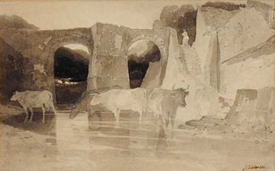 Bridge and Cows (pióro i tusz oraz pranie na papierze) autorstwa John Sell Cotman