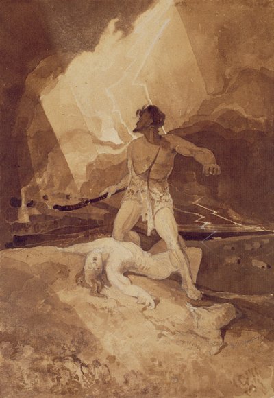Kain i Abel, 1800-03 (sepia rozmycie na czarnym ołowiu) autorstwa John Sell Cotman