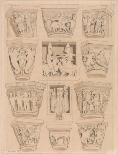 Kapitele i płaskorzeźby A i B w kościele opactwa Saint Georges de Bocherville, niedaleko Rouen w Normandii autorstwa John Sell Cotman