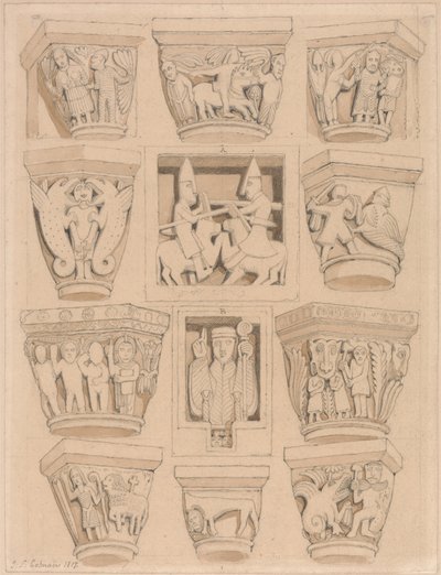 Stolice i płaskorzeźby A i B w kościele opactwa Saint Georges de Bocherville, niedaleko Rouen, Normandia autorstwa John Sell Cotman