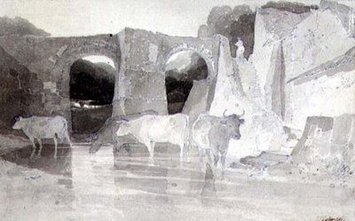 Bydło w rzece (pióro i atrament i pranie) na papierze autorstwa John Sell Cotman