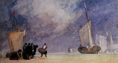 Figury z brzegu rozładowujące łódź podczas odpływu (długopis i brązowy atrament oraz akwarela na papierze) autorstwa John Sell Cotman
