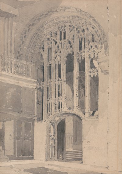 Wnętrze katedry w Norwich: Drzwi i ekran między południowym transeptem a nawą prezbiterium autorstwa John Sell Cotman