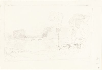 Szkic krajobrazu z mostem i zamkiem autorstwa John Sell Cotman