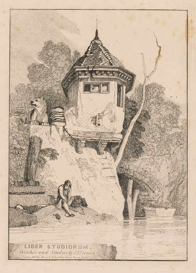 Liber Studiorum; Frontyspis, widok domku ogrodowego nad brzegiem rzeki Yare autorstwa John Sell Cotman