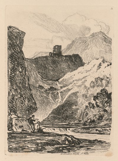 Liber Studiorum: Tablica 12, Zamek Dolbadern, Jezioro Llanberris, Północna Walia autorstwa John Sell Cotman