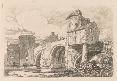 Liber Studiorum: Tablica 26, Monnow Bridge, Monmouthshire, 1838. autorstwa John Sell Cotman