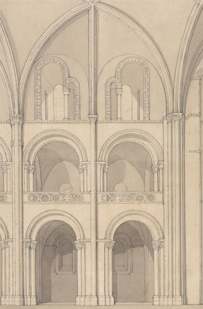 Perspektywiczna elewacja części kościoła opactwa św. Szczepana w Caen, Normandia autorstwa John Sell Cotman