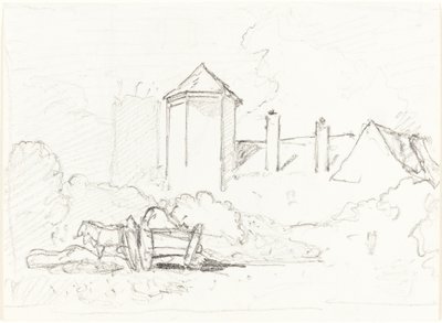Szkic budynków z wózkiem i końmi na pierwszym planie autorstwa John Sell Cotman
