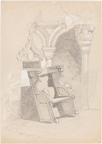 Szkic zrujnowanego wnętrza kościoła z krzesłem autorstwa John Sell Cotman