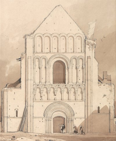 Zachodnia fasada kościoła Oyestraham [Ouistreham], niedaleko Caen, Normandia autorstwa John Sell Cotman
