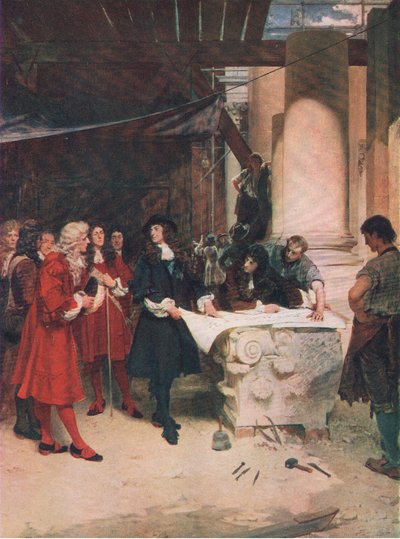 Wizyta króla Karola u Wrena podczas budowy St Pauls, ilustracja z Historii narodu brytyjskiego wydanej przez Waverley, c.1940 (lito) autorstwa John Seymour Lucas