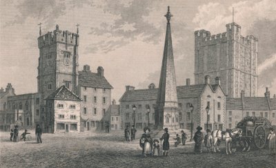 Market Place Richmond, Kościół Świętej Trójcy i Zamek Richmond, 1831 autorstwa John Shury