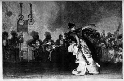 El Jaleo - Tańce cygańskie. Gitarzyści i tancerka flamenco. Grawerowanie według obrazu Johna Singera Sargenta (1856-1925) w „Świat ilustracyjny” nr 1335 z 28 października autorstwa John Singer (after) Sargent
