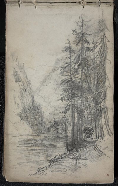Pejzaż górski z drzewami, 1871-72 (grafit na przyciemnionym papierze tkanym w kolorze złamanej bieli) autorstwa John Singer Sargent