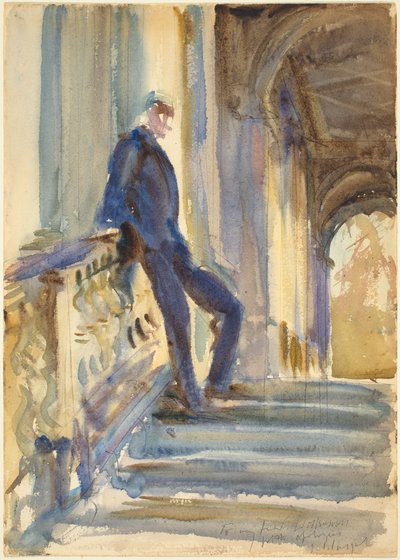 Sir Neville Wilkinson na schodach mostu Palladian w Wilton House autorstwa John Singer Sargent