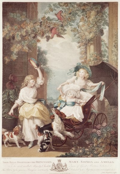 Księżniczki Maria (1776-1857), Zofia (1777-1848) i Amelia (1783-1810), córki Jerzego III, grawerowane przez Francesco Bartolozziego (1727-1815) (rycina mezzotinta) autorstwa John Singleton Copley