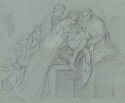 Study for the Central Group in the Death of Earl of Chatham (czarna kreda, podkreślona bielą na niebieskim papierze) autorstwa John Singleton Copley