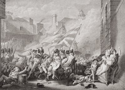 Śmierć majora Peirsona w St. Helier, odbierając Jersey Francuzom, 8 stycznia 1781 r., z „Illustrations of English and Scottish History” Tom II autorstwa John Singleton Copley