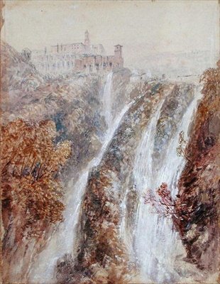Pejzaż z wodospadem (akwarela na papierze) autorstwa John Skinner Prout