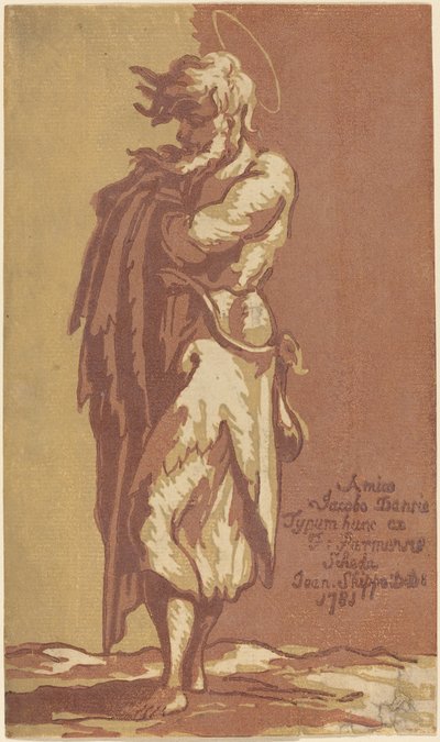 Stojący mężczyzna święty, ze złożonymi ramionami, zwrócony w lewo autorstwa John Skippe after Parmigianino