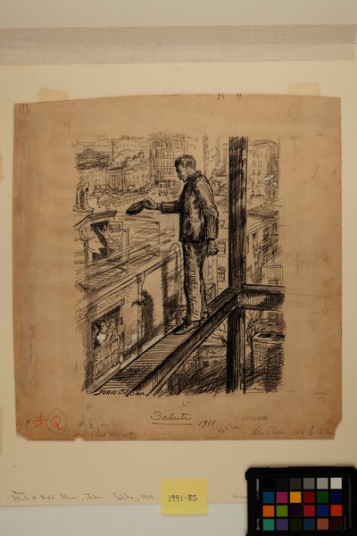 Salute, ok. 1911 r. (atrament, węgiel drzewny i biała farba cynkowa na papierze) autorstwa John French Sloan