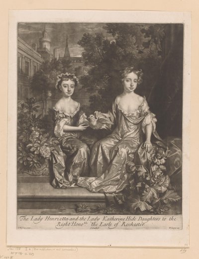 Portret van Henrietty i Katherine Hyde spotkał een duif Lady Henrietta i Lady Katherine ukrywają córki hrabia Rochester (tytuł na obiekcie) autorstwa John Smith