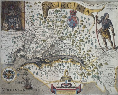 Mapa Wirginii: wstawka (na górze po lewej) przedstawiająca wnętrze chaty indyjskiego wodza Powhatana, autorstwa Johna Smitha (1580-1631) autorstwa John Smith