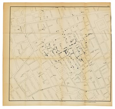 Mapa z „O sposobie porozumiewania się cholery”, 1855 autorstwa John Snow