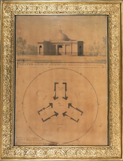 Elewacja i plan psiej budy, 1779 (pióro i atrament i toaleta na papierze) autorstwa John Soane